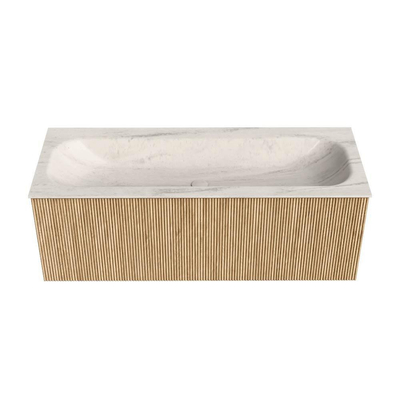 MONDIAZ KURVE-DLUX 120cm badmeubel kleur Oak met 1 lade en 0 deuren. Wastafel BIG LARGE Midden 2 kraangaten Meli.