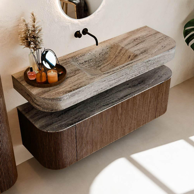 MONDIAZ THOR-DLUX 140cm badmeubel ronding links + rechts kleur Walnut met 1 lade en 2 deuren. Vrijhangende wastafel CLOUD Midden zonder kraangat kleur Oza.
