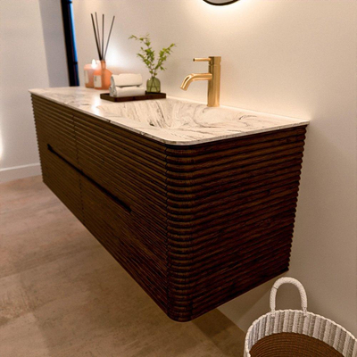 Mondiaz CIRO-DLUX Ensemble de meubles de salle de bains - 140x45x50cm - Plan-vasque solid surface Glace - 1 vasque à droite - 1 trou de robinet - 4 tiroirs - Noyer