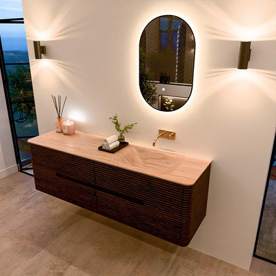 Mondiaz CIRO-DLUX Meuble de salle de bains - 160x45x50cm - Plan vasque Solid surface Saba - 1 vasque à droite - sans trous de robinetterie - 4 tiroirs - Noyer