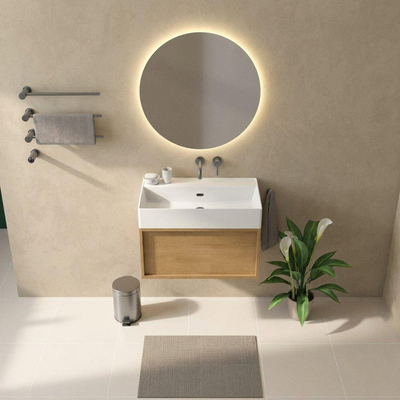 Saniclass Holz Frame Badkamermeubelset - 80x45x52cm - Legend keramische wastafel mat wit - 1 wasbak - zonder kraangat - 1 lade - mat eiken natural (hout)