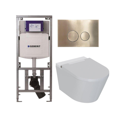 QeramiQ Luma Douche WC Set - Geberit UP320 inbouwreservoir - met Burda frame - fohn - ladydouche - geborsteld messing bedieningsplaat - ronde knoppen - glans wit
