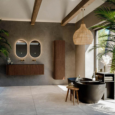 MONDIAZ KURVE-DLUX 145cm Meuble salle de bain avec module 25 G - couleur Walnut - 1 tiroir - 1 porte - vasque BIG LARGE droite - sans trou de robinet - couleur Lava