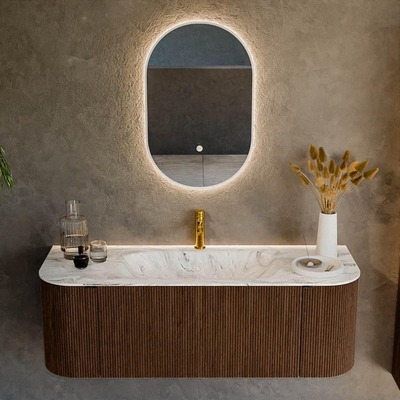 MONDIAZ KURVE-DLUX 130cm badmeubel met module 25 Len R kleur Walnut met 1 lade en 2 deuren. Wastafel BIG SMALL midden 1 kraangat kleur Glace.