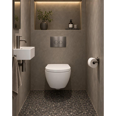 QeramiQ Dely Swirl Compact Toiletset - inbouwreservoir QeramiQ flush - 25mm zitting - metalen bedieningsplaat gunmetal - ronde knoppen - mat wit