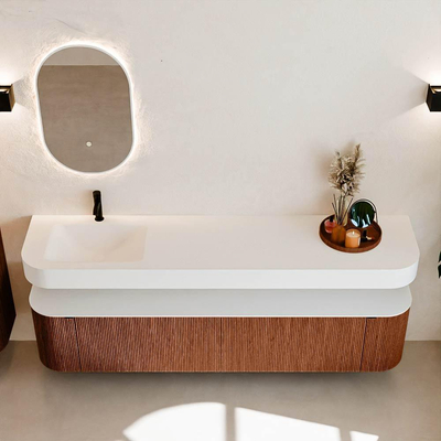 MONDIAZ THOR Meuble de salle de bains - 200cm - arrondi gauche + droite - couleur Ruby - 2 tiroirs et 2 portes - Vasque suspendue CLOUD Gauche 1 trou de robinet - couleur Talc