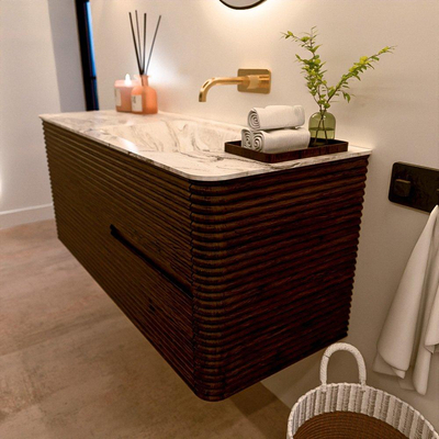 Mondiaz CIRO-DLUX Badkamermeubelset - 120x45x50cm - Solid surface wastafel Glace - 1 wasbak Rechts - zonder kraangaten - 2 lades - Walnut