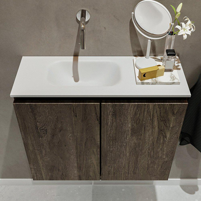 MONDIAZ TURE Kit lave-mains - 60x23x50cm - 0 trous de robinet - 2 portes - marron foncé mat - Lavabo à gauche - Acrylique Blanc