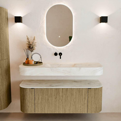 MONDIAZ THOR-DLUX 130cm meuble de salle de bains arrondi gauche + droite couleur Dusk avec 1 tiroir et 2 portes. Vasque suspendue CLOUD Milieu sans trou de robinet couleur Ostra.