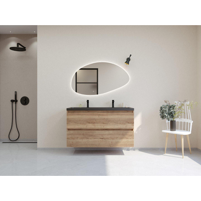 HR badmeubelen Infinity XXL 3D Ensemble meuble de salle de bains - 120 cm - 1 lavabo en céramique djazz noir mat - 2 trous de robinet - 2 tiroirs - chêne français