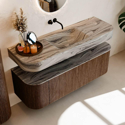 MONDIAZ THOR-DLUX 140cm badmeubel ronding links + rechts kleur Walnut met 1 lade en 2 deuren. Vrijhangende wastafel CLOUD Midden zonder kraangat kleur Sombra.