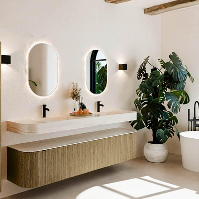 MONDIAZ THOR-DLUX 200cm meuble de salle de bains arrondi gauche + droite couleur Dusk avec 2 tiroirs et 2 portes. Vasque suspendue CLOUD Double 2 trous de robinet couleur Meli.