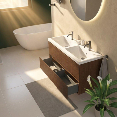Saniclass Holz Atelier Ensemble de meubles de salle de bains - 120x45x63.5cm - lavabo Bari en céramique blanc - 2 vasques - 2 trous de robinetterie - 2 tiroirs - noyer pure mat (bois)