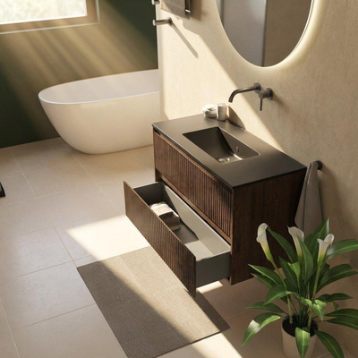 Saniclass Holz Atelier Ensemble meuble de salle de bains - 100x45x62cm - Vygo lavabo en céramique noir - 1 vasque - sans trou de robinet - 2 tiroirs - chêne charcoal mat (bois)
