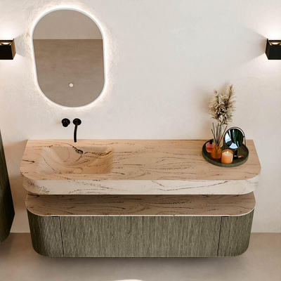 MONDIAZ THOR-DLUX Meuble de salle de bains - 160cm - arrondi gauche + droite - couleur Shadow - 1 tiroir et 2 portes - Vasque suspendue CLOUD Gauche sans trou de robinet - couleur Arena