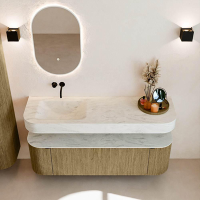 MONDIAZ THOR-DLUX 150cm meuble de salle de bains arrondi gauche + droite couleur Dusk avec 1 tiroir et 2 portes. Vasque suspendue CLOUD Gauche sans trou de robinet couleur Opalo.