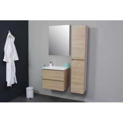 Basic Bella Meuble avec lavabo acrylique sans trou de robinet 60x55x46cm avec armoire toilette à 1 porte gris Chêne