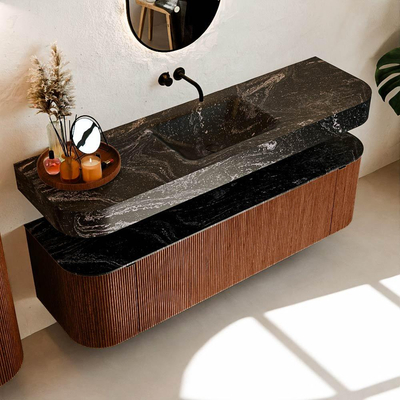 MONDIAZ THOR-DLUX 160cm meuble de salle de bains arrondi gauche + droite couleur Ruby avec 1 tiroir et 2 portes. Vasque suspendue CLOUD Centre sans trou de robinet couleur Lava.