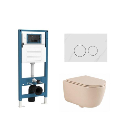 QeramiQ Dely Swirl Ensemble de toilette - réservoir encastré Qeramiq Flush - abattant slim - plaque de commande en pierre naturelle marbre blanc - boutons ronds - beige