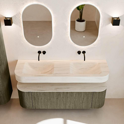 MONDIAZ THOR-DLUX 150cm meuble de salle de bains arrondi gauche + droite couleur Shadow avec 1 tiroir et 2 portes. Vasque suspendue CLOUD Double sans trou de robinet couleur Meli.