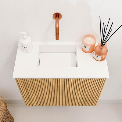 Mondiaz JOYA 50cm toiletmeubel - kleur Oak - Wastafel FAYE positie Links Zonder kraangat kleur Talc.