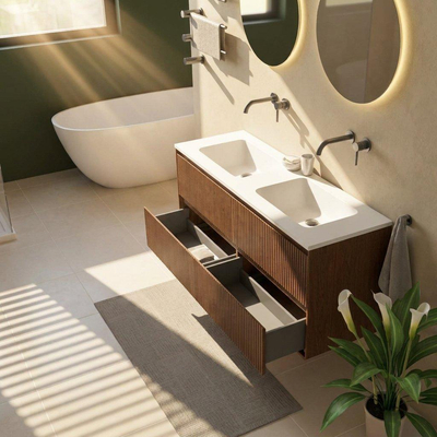 Saniclass Holz Atelier Ensemble meuble de salle de bains - 140x45x77.5cm - lavabo Torino en solid surface blanc - sans trou de robinet - 4 tiroirs - walnut pure mat (bois)