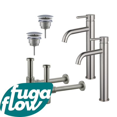 Fortifura Calvi Wastafelkraanset - voor dubbele wastafel - verhoogde wastafelkraan - always open plug - design sifon - Geborsteld RVS PVD (RVS)