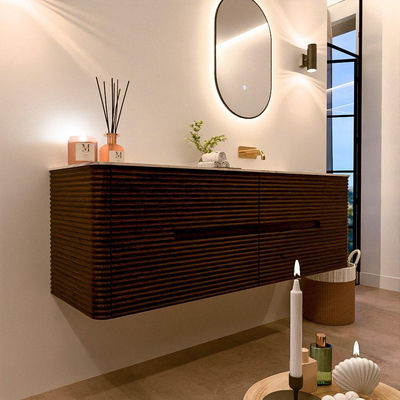 Mondiaz CIRO-DLUX Badkamermeubelset - 150x45x50cm - Solid surface wastafel Nata - 1 wasbak Rechts - zonder kraangaten - 4 lades - Walnut