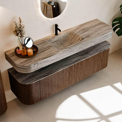 MONDIAZ THOR-DLUX 170cm badmeubel ronding links + rechts kleur Walnut met 1 lade en 2 deuren. Vrijhangende wastafel CLOUD Midden 1 kraangat kleur Oza.