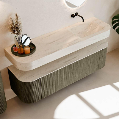 MONDIAZ THOR-DLUX 160cm meuble de salle de bains arrondi gauche + droite couleur Shadow avec 1 tiroir et 2 portes. Vasque suspendue CLOUD Droite sans trou de robinet couleur Meli.