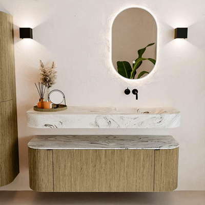 MONDIAZ THOR-DLUX 140cm badmeubel ronding links + rechts kleur Dusk met 1 lade en 2 deuren. Vrijhangende wastafel CLOUD Rechts zonder kraangat kleur Glace.