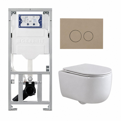 QeramiQ Dely Swirl Ensemble WC - 36.3x51.7cm - réservoir encastré Geberit UP320 - avec cadre Burda - abattant slim - plaque de commande taupe - boutons ronds - blanc brillant