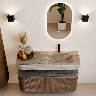 MONDIAZ THOR-DLUX 120cm meuble de salle de bains arrondi gauche + droite couleur Walnut avec 1 tiroir et 2 portes. Vasque suspendue CLOUD Droite 1 trou de robinet couleur Oza.