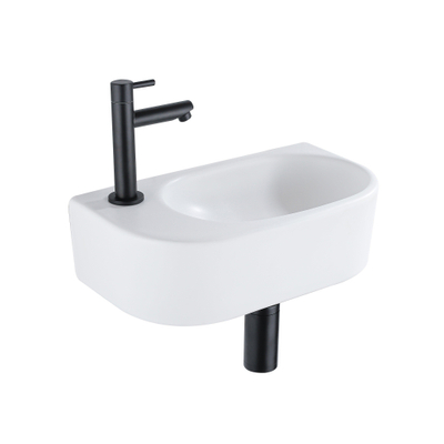 QeramiQ Fuente Ensemble de Lavabo - 40x21.5x12cm - gauche - lisse - demi-rond - 1 trou de robinet - céramique - ensemble de robinet noir mat - bouchon de vidange - siphon réduit - blanc mat