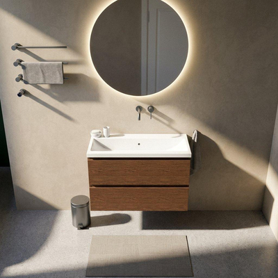 Saniclass Holz Pure Ensemble meuble de salle de bains - 100x45x63.5cm - lavabo en céramique Bari blanc - 1 vasque - sans trou de robinet - 2 tiroirs - walnut pure mat (bois)