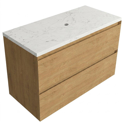 Saniclass Holz Pure Ensemble meuble de salle de bains - 100x45x63cm - Plan vasque en marbre Dia poli (blanc) - sans trou de robinetterie - 2 tiroirs - chêne natural mat (bois)