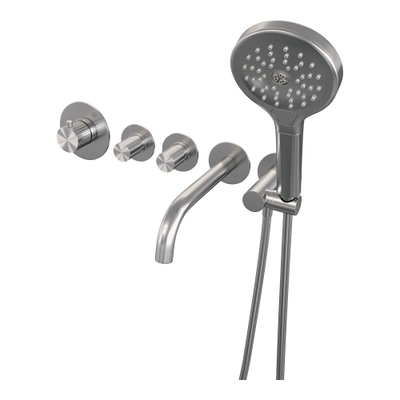 BRAUER Stripe Thermostatische Badkraan - SET 02 - inbouw - uitloop - 3-standen handdouche - doucheslang - wandaansluitbocht - RVS-kleurig geborsteld PVD