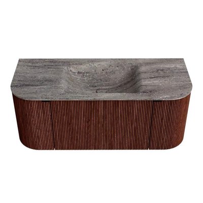 MONDIAZ KURVE-DLUX Meuble de salle de bains 110cm arrondi gauche + droite couleur Ruby avec 1 tiroir et 2 portes. Lavabo CLOUD central sans trou de robinet Oza.