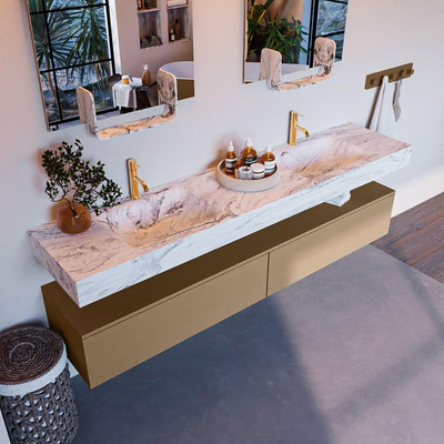 Mondiaz ALAN-DLUX Ensemble de meuble - 200cm - meuble Oro mat - 2 tiroirs - Lavabo Cloud Glace suspendu - vasque Gauche et droite - 2 trous de robinet