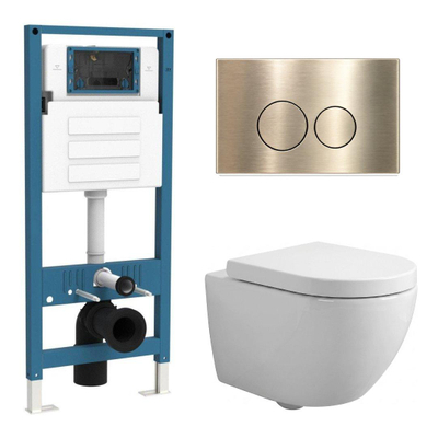 QeramiQ Dely Swirl Compact Toiletset - inbouwreservoir QeramiQ flush - 25mm zitting - metalen bedieningsplaat messing geborsteld (goud) - ronde knoppen - glans wit