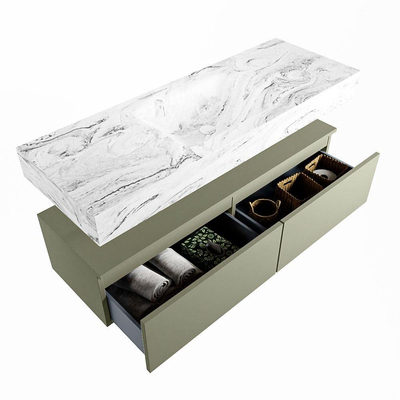 Mondiaz ALAN-DLUX Ensemble de meuble - 130cm - meuble Army mat - 2 tiroirs - Lavabo Cloud Glace suspendu - vasque Centre - 0 trous de robinet
