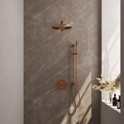 BRAUER Copper Carving douche de pluie encastrée thermostatique - 3 voies - ronde - set 86 - tête de douche 30 cm - bras mural droit - douchette barre - flexible de douche - barre de douche intégrée - cuivre brossé PVD