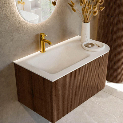 MONDIAZ KURVE 85cm badmeubel met module 25 R kleur Walnut met 1 lade en 1 deur. Wastafel CLOUD links 1 kraangat Talc.