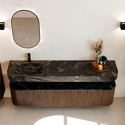 MONDIAZ THOR-DLUX Meuble de salle de bains 190cm arrondi gauche + droite couleur Walnut avec 2 tiroirs et 2 portes. Vasque suspendue CLOUD Gauche 1 trou de robinet couleur Lava.