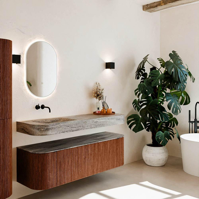 MONDIAZ THOR-DLUX 150cm meuble de salle de bains arrondi gauche + droite couleur Ruby avec 1 tiroir et 2 portes. Vasque suspendue CLOUD Gauche sans trou de robinet couleur Oza.