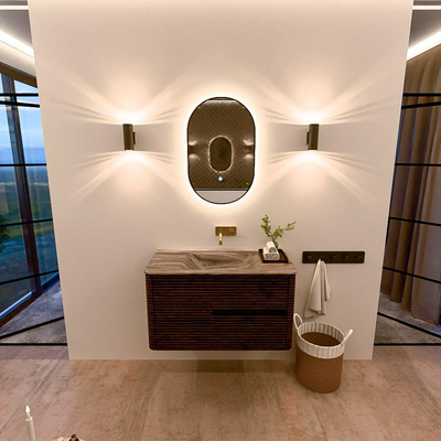 Mondiaz CIRO-DLUX Badkamermeubelset - 90x45x50cm - Solid surface wastafel Sombra - 1 wasbak Midden - zonder kraangaten - 2 lades - Walnut
