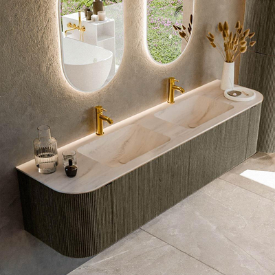 MONDIAZ KURVE-DLUX Meuble de salle de bains 180cm arrondi à gauche + à droite couleur Shadow avec 2 tiroirs et 2 portes. Lavabo LEAF Double 2 trous de robinet Meli.