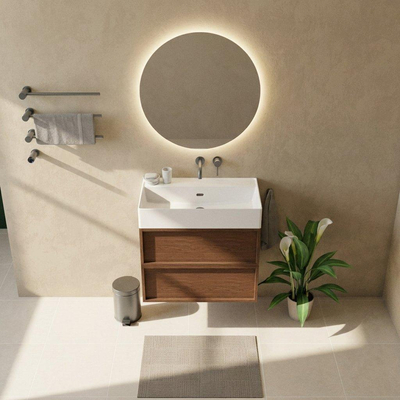 Saniclass Holz Frame Ensemble de meubles de salle de bains - 80x45x72cm - Legend lavabo en céramique blanc mat - 1 vasque - sans trou de robinet - 2 tiroirs - noyer pure mat (bois)