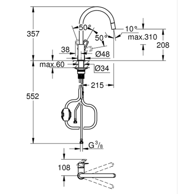 Grohe Start Loop Keukenkraan - 1-gats - hoge draaibare uittrekbare uitloop- voorsprong 21.5cm - open greep - chroom