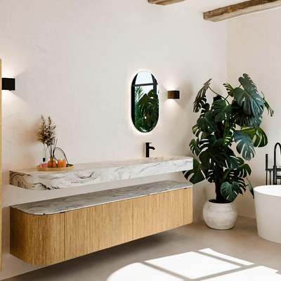 MONDIAZ THOR-DLUX 200cm meuble de salle de bains arrondi gauche + droite couleur Oak avec 2 tiroirs et 2 portes. Vasque suspendue CLOUD Droite 1 trou de robinet couleur Glace.